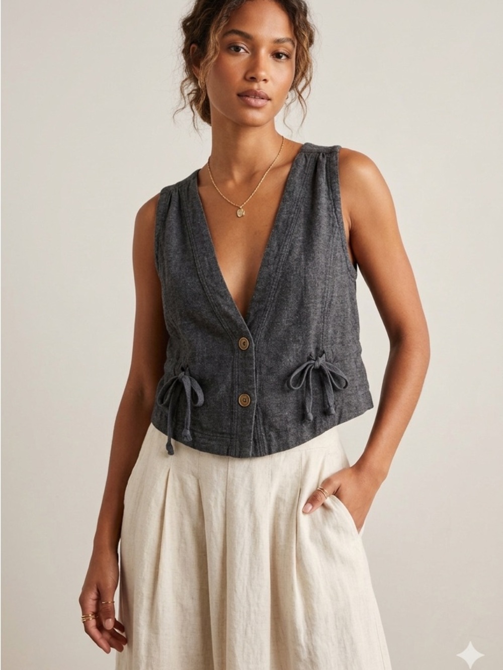 Anthropologie Grey Linen Blend Button Front Cropped Vest